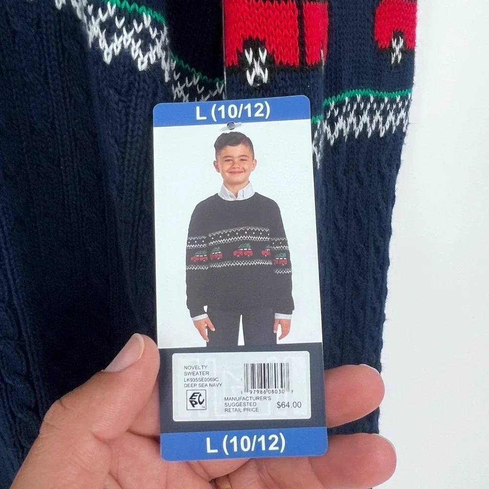 NWT‎ Lands End Kids Boys Sweater Large 10-12 Navy Christmas Tree Truck Holiday